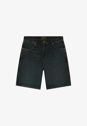 Donkerblauwe denim shorts met voorzakken, riemlussen, knoopsluiting en contrasterende stiksels.