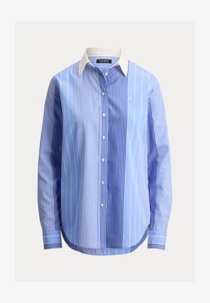 Μακρυμάνικο πουκάμισο με κάθετες μπλε και λευκές ρίγες, λευκό γιακά και λεπτό κεντημένο λογότυπο στο στήθος.
