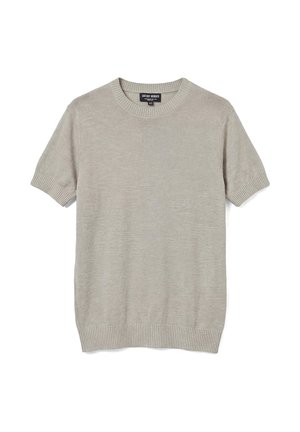 Jersey de punto de manga corta color gris claro con puños y bajo acanalados, cuello redondo y etiqueta de la marca en el interior del cuello.