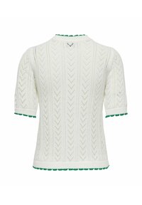 Haut en maille à manches courtes blanches avec motif en chevrons verticaux en œillets et bordure festonnée verte sur le col, les manches et l'ourlet.