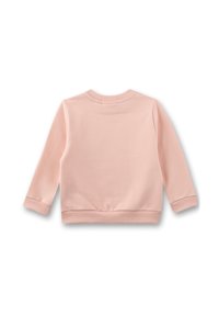 Weiches, pinkes Langarm-Toddler-Sweatshirt mit geripptem Kragen, Bündchen und Saum, von hinten auf weißem Hintergrund gezeigt.