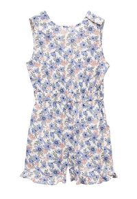 Květinový overal v bílé barvě, zdobený modrými a broskvovými květinami, elastickým pasem, bez rukávů a volánkovými okraji na šortkách.
