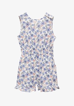 Jumpsuit floral en blanco, con flores azules y melocotón, cintura elástica, diseño sin mangas y bordes con volantes en los pantalones cortos.