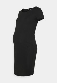 Musta äitiysmekko, jossa on ribbetty rakenne, lyhyet hihat ja pyöreä pääntie, suunniteltu mukautumaan kasvavaan vatsaan.