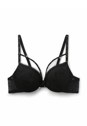 Schwarzer Spitzen-BH mit gepolsterten Körbchen, dekorativen Trägern und goldfarbenen Beschlägen. Verfügt über geometrische Muster und transparente Netzseitenteile.