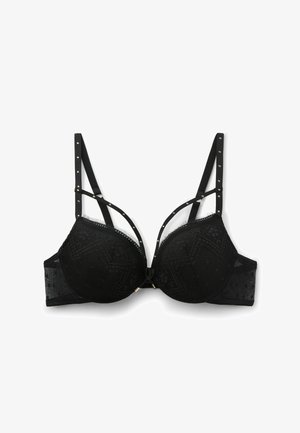Zwarte kanten bh met gevoerde cups, decoratieve bandjes en hardware in goudkleur. Heeft geometrische patronen en doorschijnende meshzijkanten.