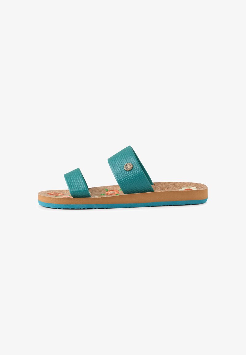 Teal rubber slide sandals with two textured straps, cork footbed featuring floral patterns, and a blue rubber sole.