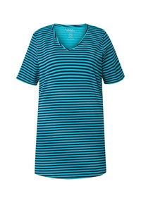 Camiseta de manga corta con escote en V que presenta rayas horizontales alternando entre turquesa y marino, confeccionada en una tela suave con un corte relajado.