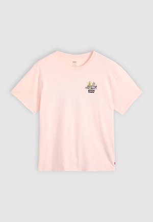 Jasnoróżowa t-shirt z bawełny, z krótkim rękawem i okrągłym dekoltem. Posiada kolorowy nadruk na piersi z logo.