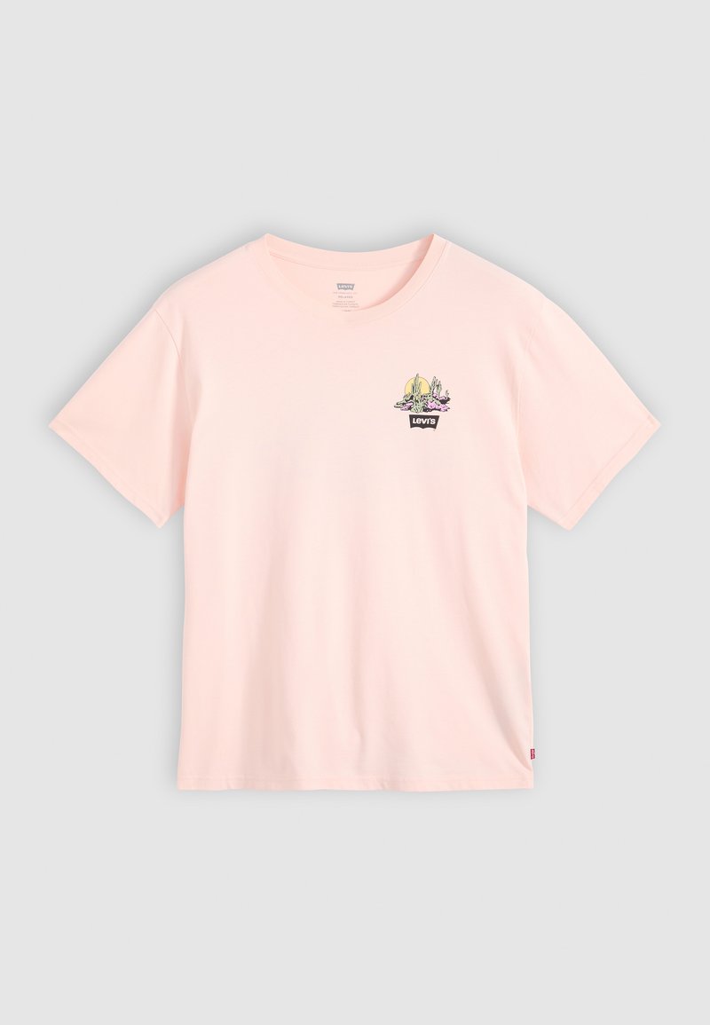 Maglietta di cotone rosa chiaro con maniche corte e scollo rotondo. Presenta un design grafico colorato sul petto con un logo.