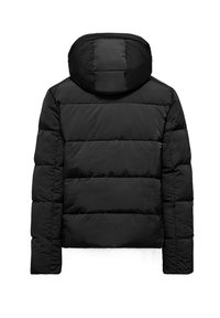 Black puffer jacket with a hood, featuring a quilted pattern, flat seams, and textured fabric, designed for warmth and insulation.