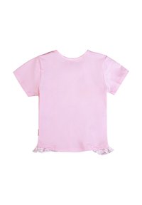 T-shirt di cotone rosa chiaro con scollatura rotonda e maniche corte, con orlo arricciato decorato da un motivo a scacchi.