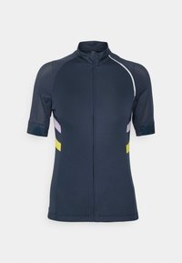 Maillot de cyclisme bleu marine à manches courtes, accents en mesh, et rayures multicolores en rose et jaune. Comprend un col montant et une fermeture éclair.