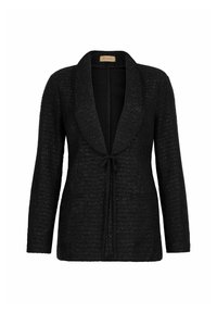 Svart jacka med en strukturerad väv, öppen framsida, sjalkrage, långa ärmar och knytning i midjan; har två framfickor.