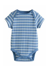 Ljusblå kortärmad bodysuit med vita horisontella ränder, tillverkad av ribbat tyg. Har tryckknappar i botten för enkel påklädnad.