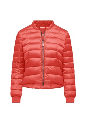 Giacca bomber rossa imbottita con colletto rotondo, zip frontale, polsini e vita elasticizzati, caratterizzata da una finitura liscia e lucida.