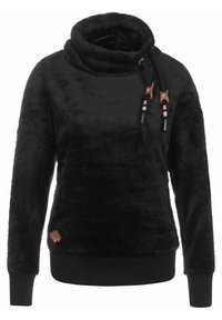 Czarny polarowy sweter z wysokim kołnierzem, z regulowanymi sznurkami z drewnianymi akcentami oraz naszywką z logo z boku. Miękka tekstura.