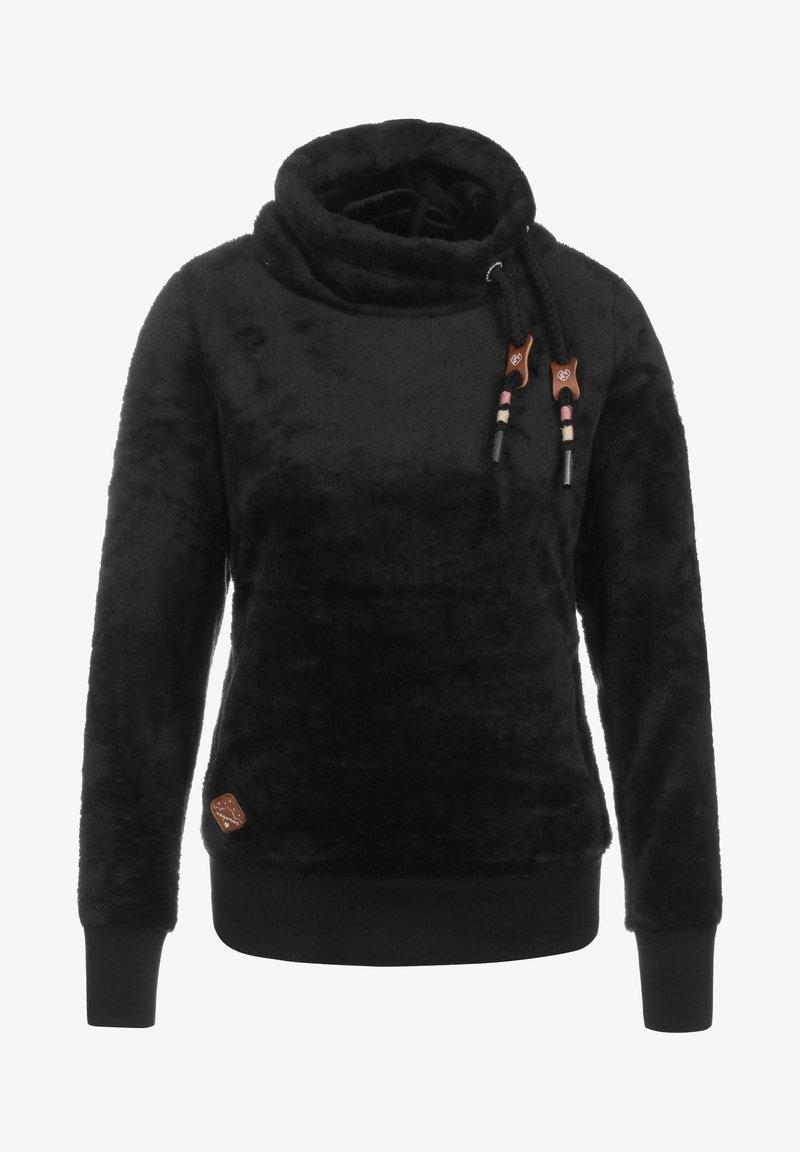 Schwarzer Fleece-Pullover mit hohem Stehkragen, ausgestattet mit verstellbaren Kordeln mit Holzakzenten und einem seitlichen Logo-Patch. Weiche Textur.