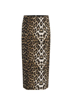 Gonna a tubino alta vita con motivo leopardato in marrone, nero e bianco e chiusura con zip sul retro.