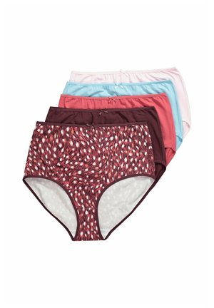 Cinco pares de ropa interior femenina de talle alto en rosa, azul, coral, púrpura oscuro y un patrón púrpura oscuro con puntos, cada uno con un pequeño lazo en la cintura.