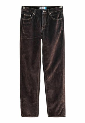 Pantalons en velours côtelé marron foncé à jambe droite avec cinq poches, couture contrastante et fermeture à bouton à la taille.