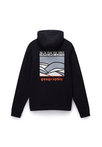 Svart huvtröja med framficka, med en grafisk design på baksidan. Designen inkluderar blå berg och röd "geografisk" text.