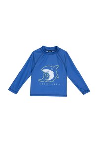 Blå långärmad rash guard gjord av elastiskt material, med en hajgrafik och texten "SHARK AREA" i vitt och grönt under designen.