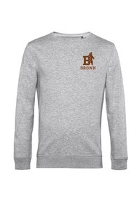 Felpa grigia in misto cotone con polsini e scollo a costine. Presenta un logo grafico marrone con la lettera 'B' e il testo 'BROWN'.