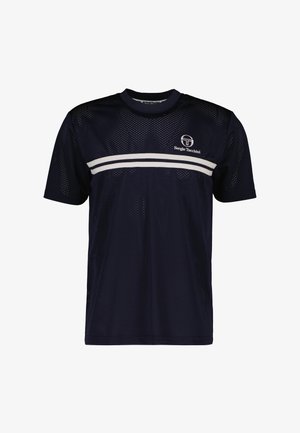 Navy blue mesh athletic T-shirt with white horizontal stripes and logo on the chest. Short sleeves and round neck design, breathable fabric.