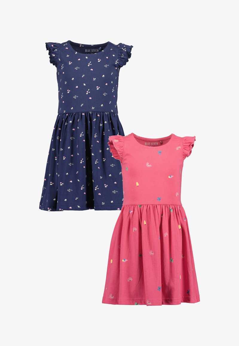 Due vestiti senza maniche per ragazza con spalle arricciate, uno blu navy con piccoli motivi floreali, uno rosa con stampe giocose multicolore.