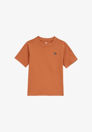 Tricou cu mâneci scurte și decolteu rotund, din bumbac portocaliu ars, cu un mic design negru brodat pe pieptul stâng.