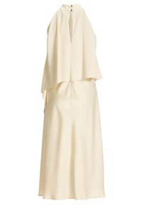 Robe midi sans manches crème avec col montant, fente devant et détail cape superposée sur le buste supérieur et le dos.