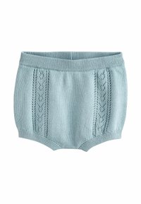 Bloomer pour bébé tricoté en bleu clair, avec une taille côtelée, des motifs de tricot en relief sur les côtés et des ouvertures élastiques aux jambes pour le confort.