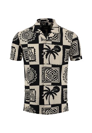 Chemise à manches courtes boutonnée avec un motif à carreaux noir et beige présentant des palmiers et des motifs tribaux géométriques.