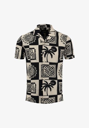 Chemise à manches courtes boutonnée avec un motif à carreaux noir et beige présentant des palmiers et des motifs tribaux géométriques.
