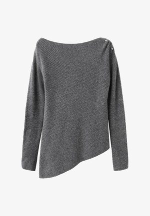 Pulover gri, cu umerii descoperiți, cu tiv diagonal, textură cu striații, mâneci lungi și detalii cu nasturi pe un umăr.