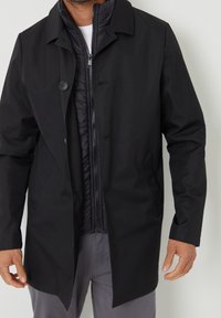 Manteau extérieur noir en tissu lisse avec fermeture à boutons et col à revers, superposé à une doudoune noire zippée.