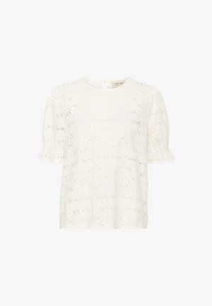 Baltas, teksturēts blūze ar ziedu mežģīņu rakstu, īsām pūkainām piedurknēm un atslēgas cauruma aizmugures aizdari. Materiāls: kokvilnas saturs.