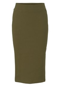 Jupe crayon vert olive avec une finition lisse et texturée. Dotée d'une silhouette ajustée et d'une ceinture sans quincaillerie visible.
