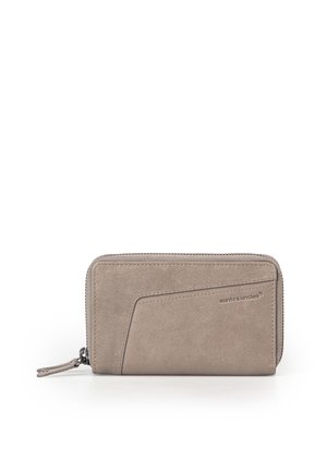 Rectangular taupe wallet with zipper closure, curved stitch detail, and "aunts & uncles" brand embossed on front right side.