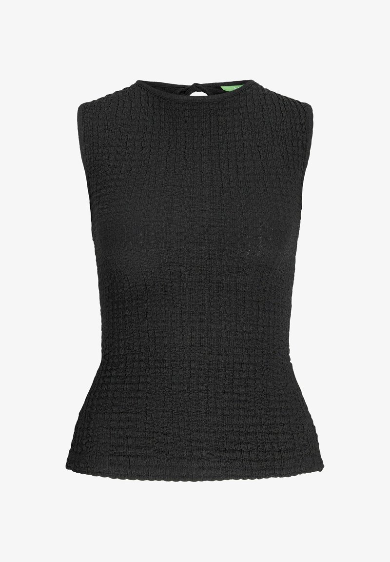 Mustmustuus must top, millel on tekstureeritud, kortsus kangas. Omab kõrget kaelust ja võtmeaugu detaili seljal. Ülikitsas siluett.