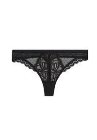Zwarte kant thong met stippenmesh, golvende randen en ingewikkelde bloemmotieven aan de voorkant voor een gedetailleerde visuele aantrekkingskracht.