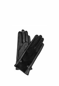 Czarne skórzane rękawiczki o gładkim wykończeniu i miękkiej zamszowej dłoni. Posiadają akcent w postaci guzika w okolicy mankietu, co zapewnia wygodne dopasowanie i styl.