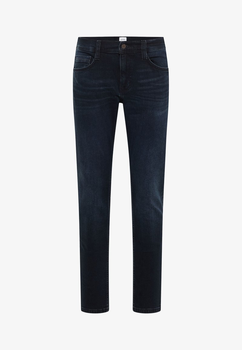 Dark blue slim-fit jeans with front button and zipper closure, front and back pockets, and slight fading on thighs.