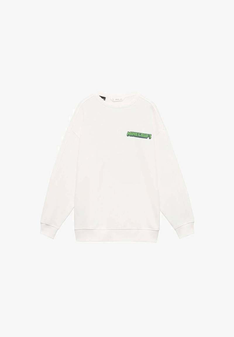Sweat-shirt blanc avec un logo "Minecraft" vert sur la poitrine gauche, fabriqué en matériau doux avec une coupe décontractée et des poignets côtelés.