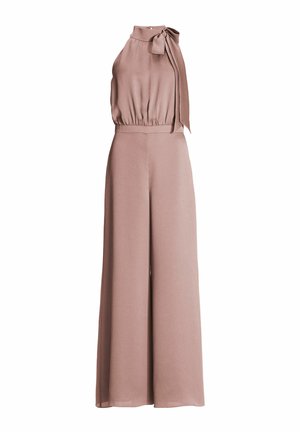 Mouwloze mauve jumpsuit met hoge hals, zijstrikdetail, getailleerde taille en wijde pijpen.