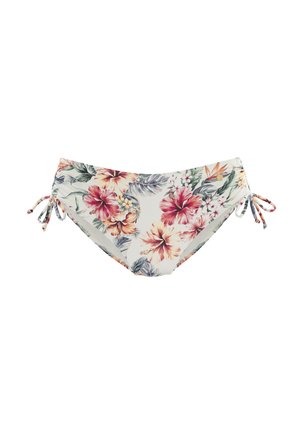 Bikini onderkant met een bloemenpatroon van roze en oranje bloemen op een lichte achtergrond. Verstelbare zijstrikjes en een zachte stofstructuur.