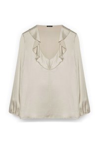 Beżowa satynowa bluzka z głębokim dekoltem w kształcie litery V i marszczonym kołnierzem. Długie rękawy z elastycznymi mankietami. Gładka faktura, lekka tkanina.