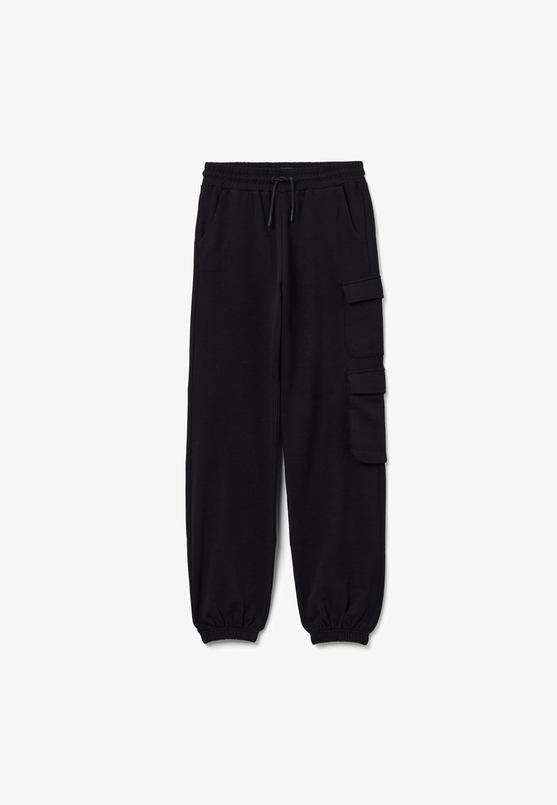 Pantalons de jogging noirs en tissu doux, avec une taille élastique accompagnée d'un cordon de serrage, des poches latérales et des poches cargo sur la cuisse.