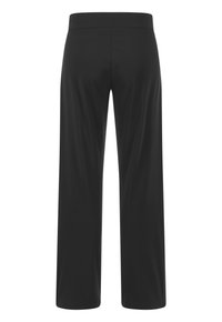 Schwarze weite Hosen aus glattem Stoff mit elastischem Bund und ohne sichtbare Verzierungen oder Taschen, im geraden Schnitt.